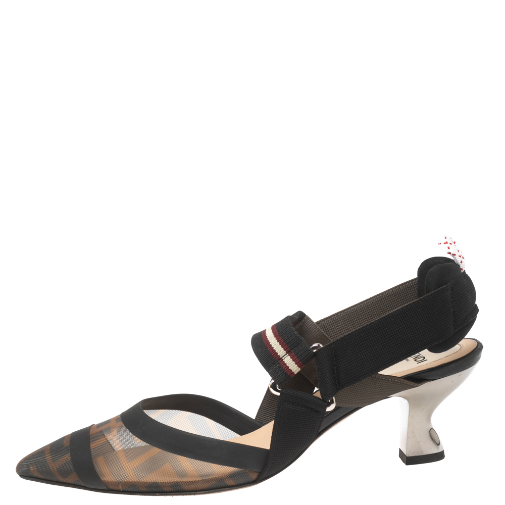 

Fendi Brown/Black Zucca Mesh and Fabric Colibri Slingback Pumps Size