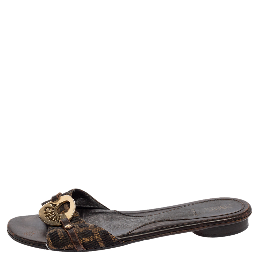 

Fendi Brown Canvas And Leather Open Toe Slide Sandals Size