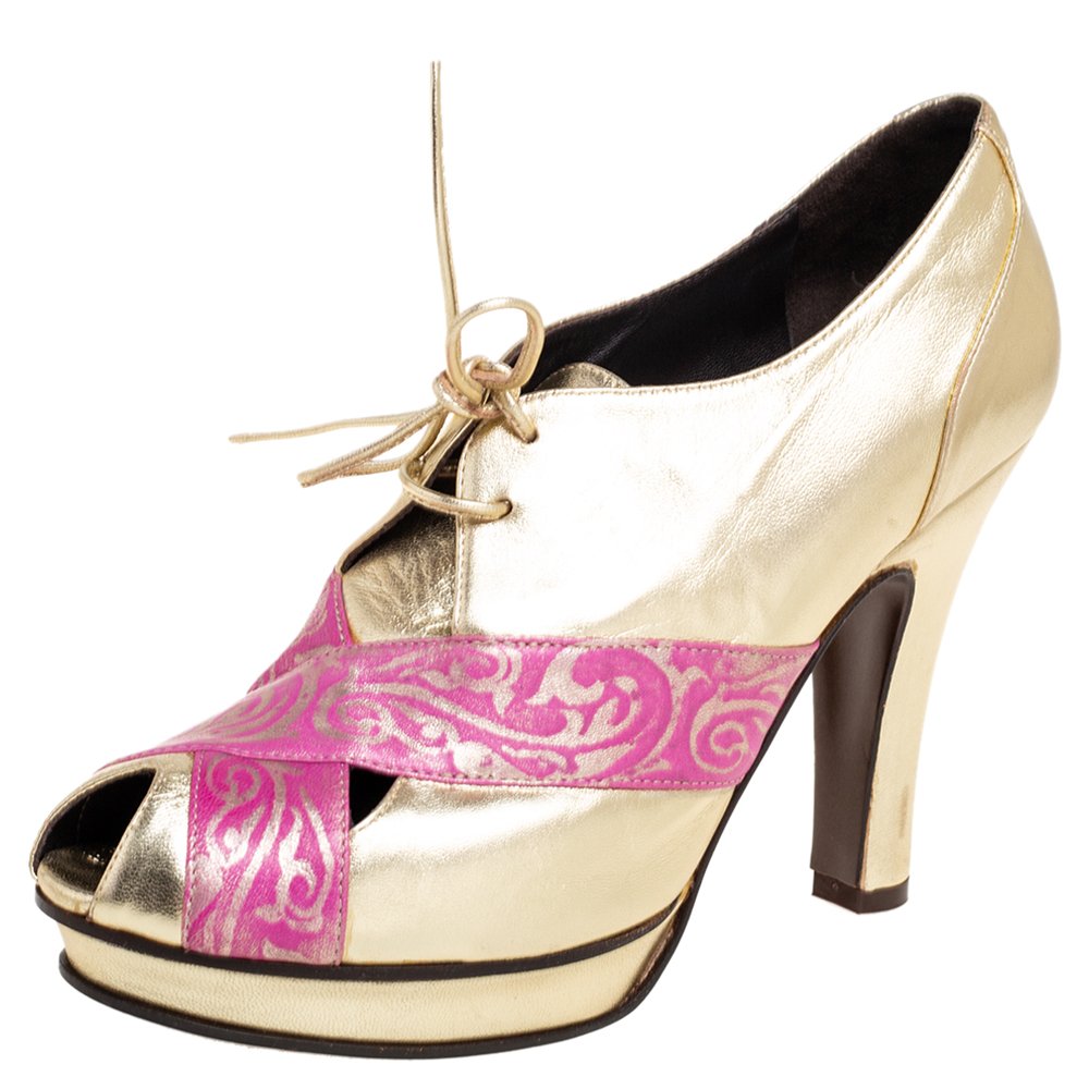 

Fendi Metallic Gold/Pink Printed and Leather Peep-Toe Lace-Up Ankle Booties Size