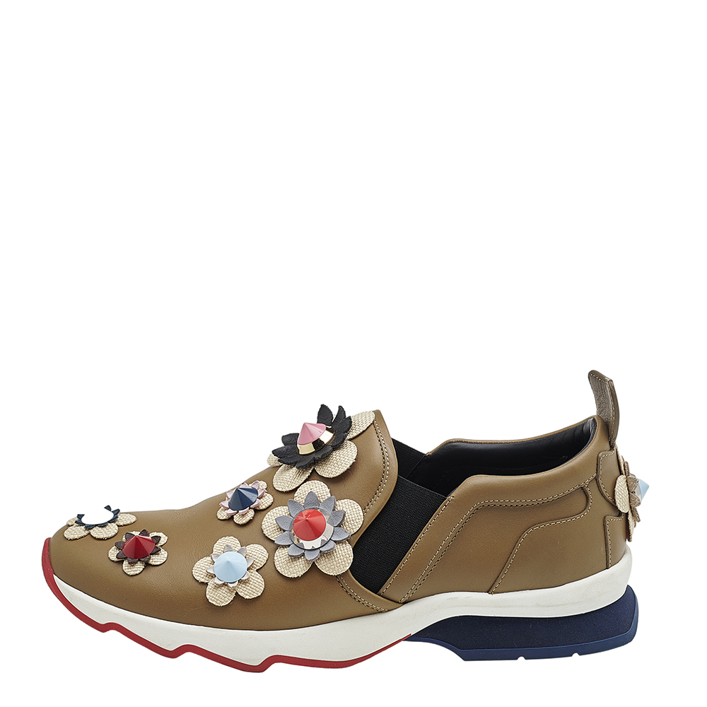 

Fendi Khaki Brown Leather Flowerland Slip On Sneakers Size