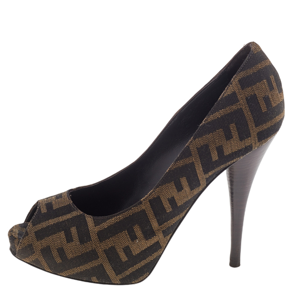 

Fendi Brown Zucca Canvas Peep Toe Pumps Size