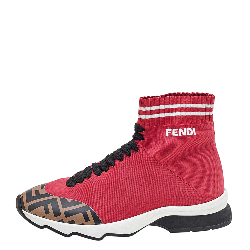 

Fendi Red/Brown Knit Fabric And Zucca Synthetic Leather Sock High Top Sneakers Size