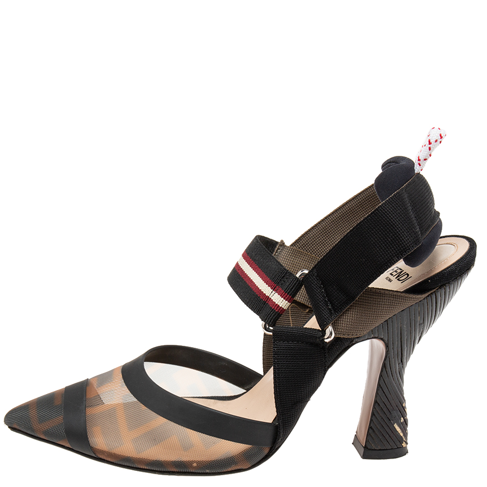 

Fendi Brown/Black Zucca Mesh and Leather Colibri Slingback Pumps Size