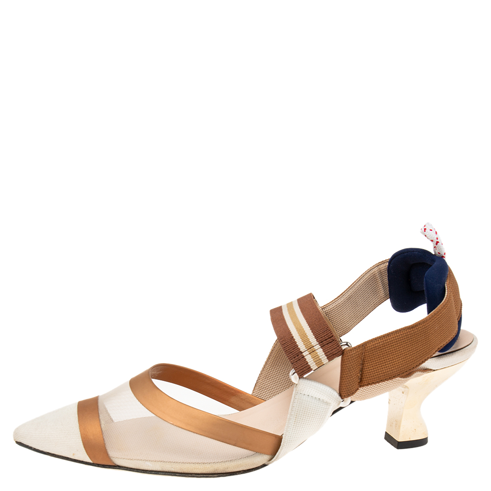 

Fendi Multicolor Mesh And Canvas Colibri Slingback Sandals Size