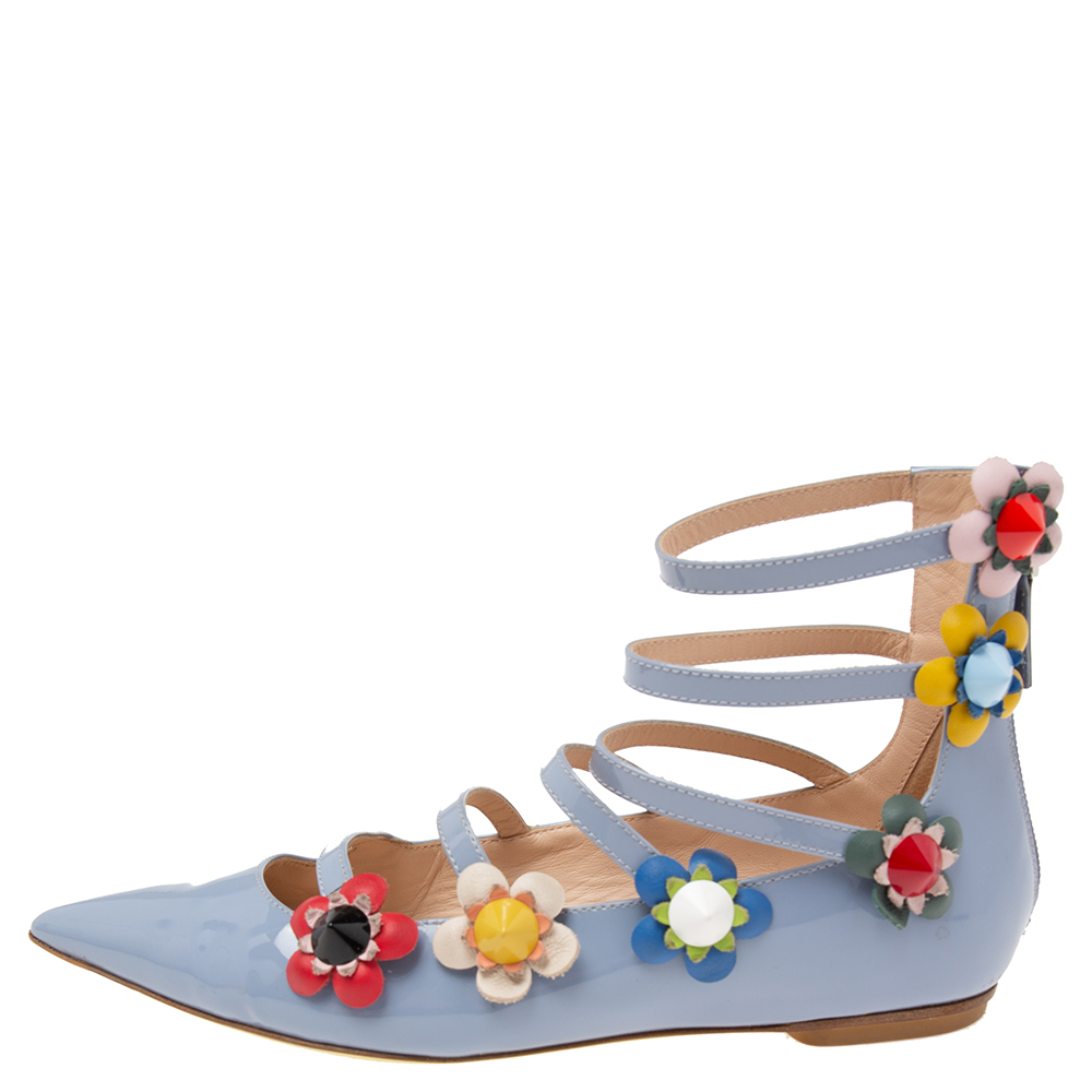 

Fendi Sky Blue Patent Leather Flowerland Multistrap Flat Size