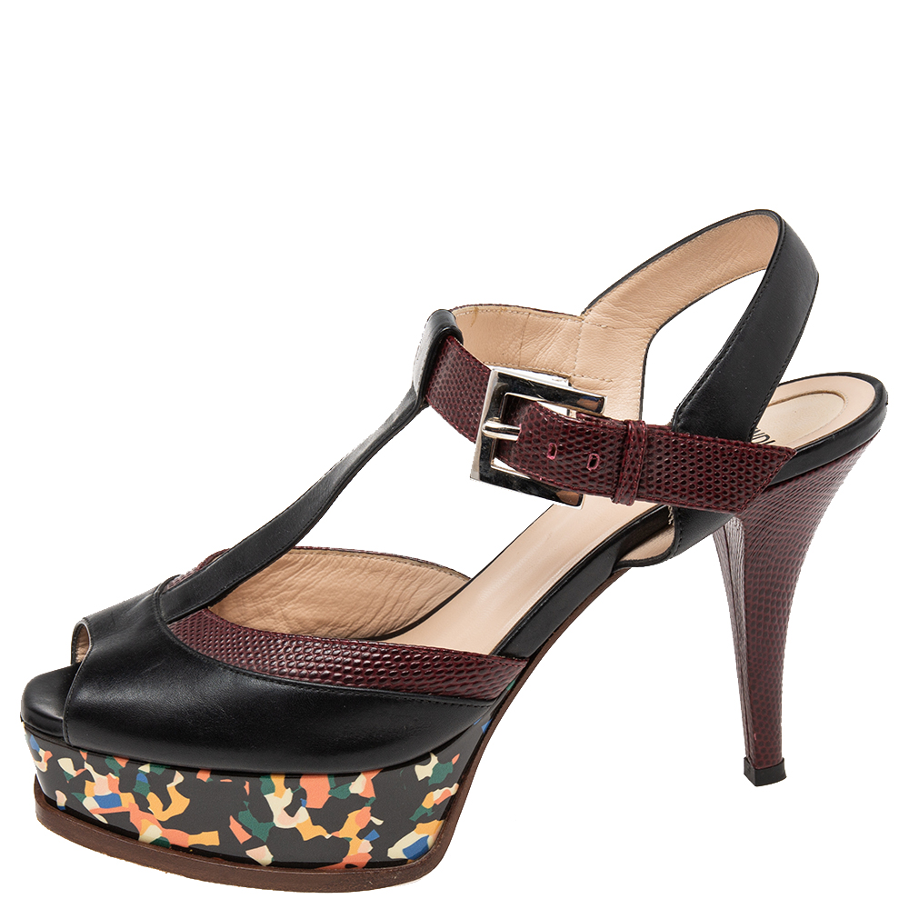 

Fendi Multicolor Embossed Lizard Leather And Leather T-Strap Platform Sandals Size