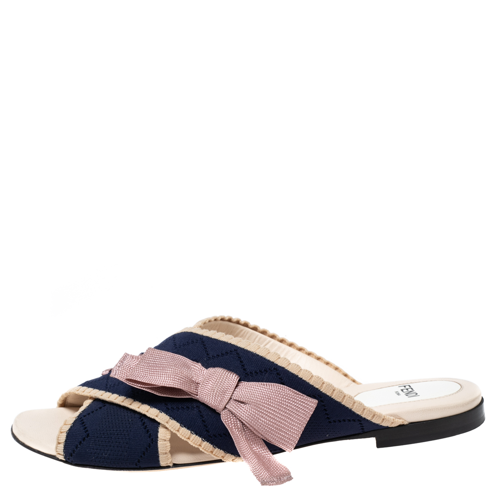 

Fendi Navy Blue/ Pink Crisscross Knit and Fabric Bow Flat Slides Size