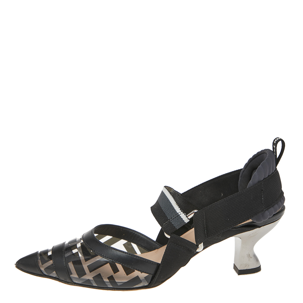 

Fendi Black/Grey Leather And PVC Colibri Slingback Pumps Size