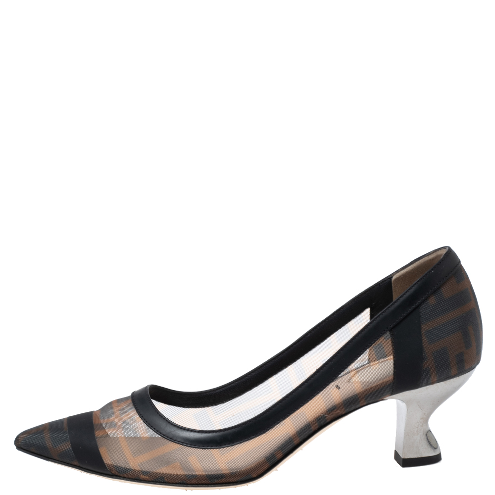 

Fendi Brown/Black Zucca Mesh and Leather Trim Colibri Pointed-Toe Pumps Size