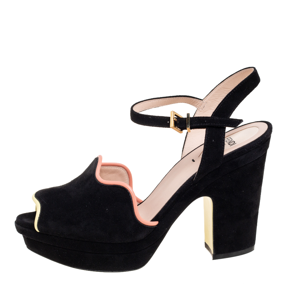 

Fendi Black Suede and Scalloped Leather Trim Platform Ankle-Strap Sandals Size