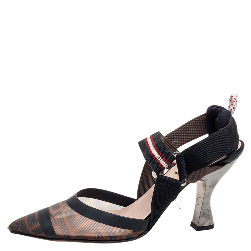 

Fendi Black/Brown Mesh and Canvas Colibri Slingback Sandals Size
