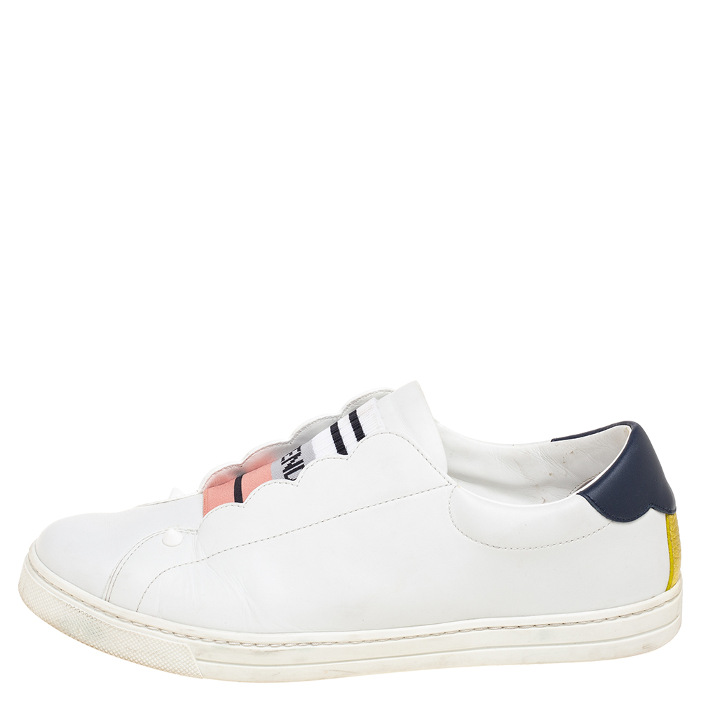 

Fendi White Scalloped Leather Logo Rockoko Slip-On Sneakers Size