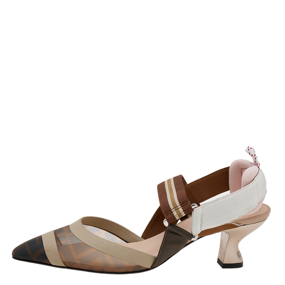 

Fendi Brown/Beige Zucca Mesh And Leather Colibri Slingback Sandals Size