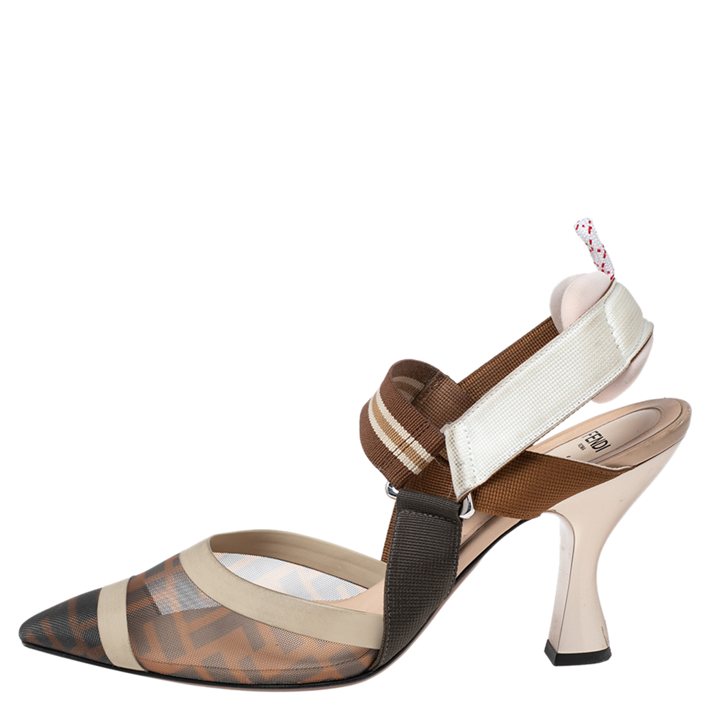 

Fendi Brown/Beige Zucca Mesh and Leather Colibri Slingback Pumps Size