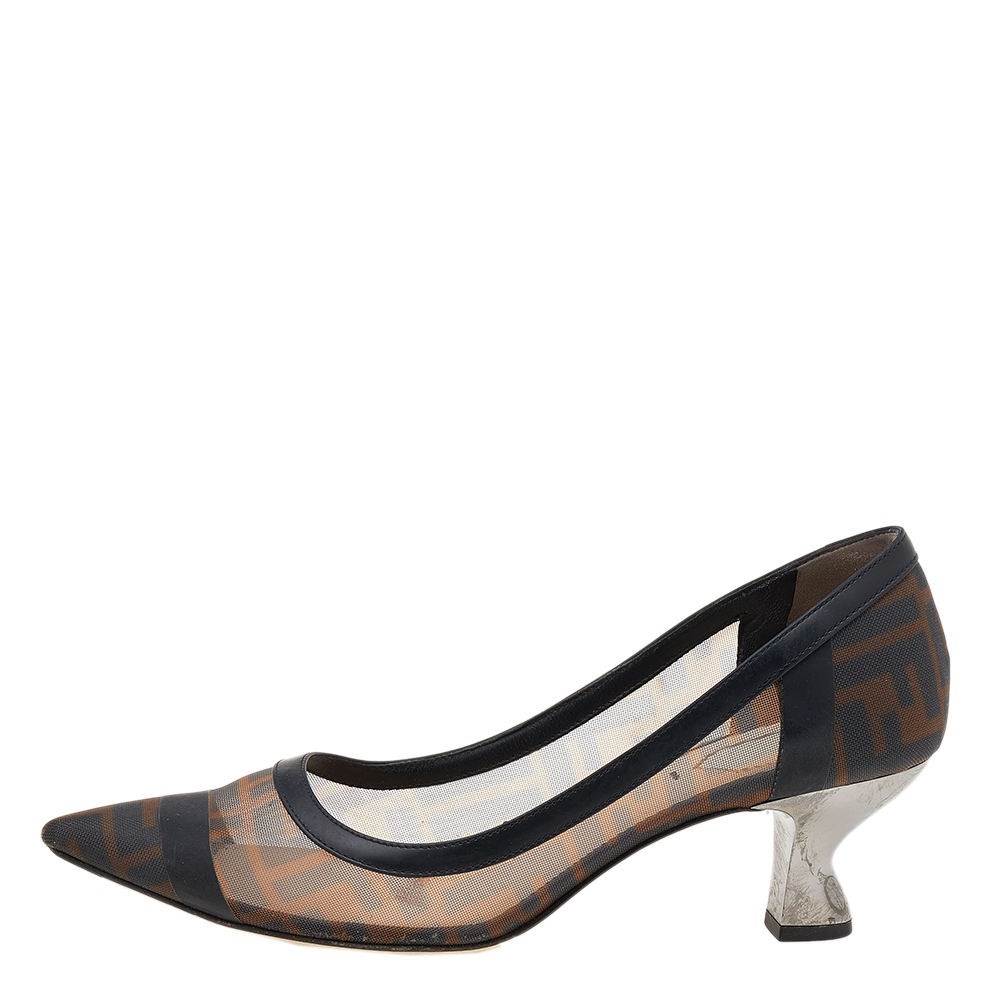 

Fendi Brown/Black Zucca Mesh And Leather Colibri Pointed Toe Pumps Size