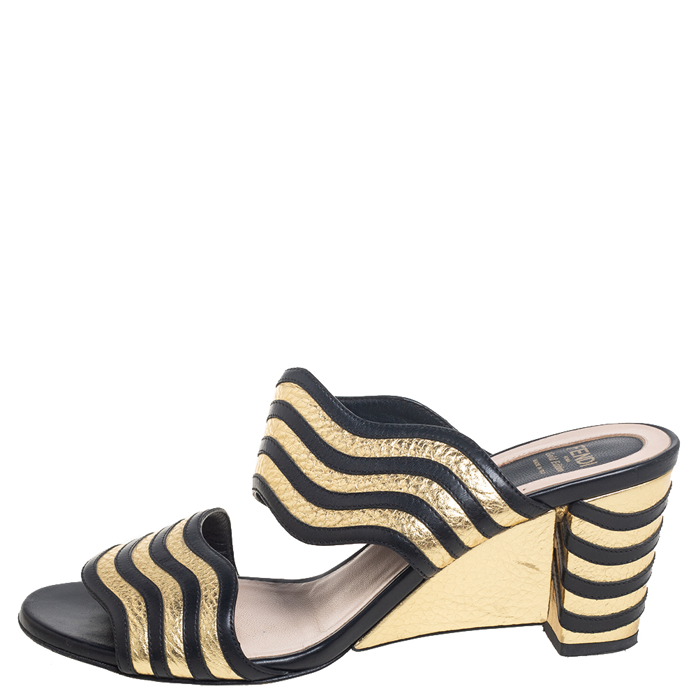 

Fendi Gold/Black Leather Wedge Sandals Size