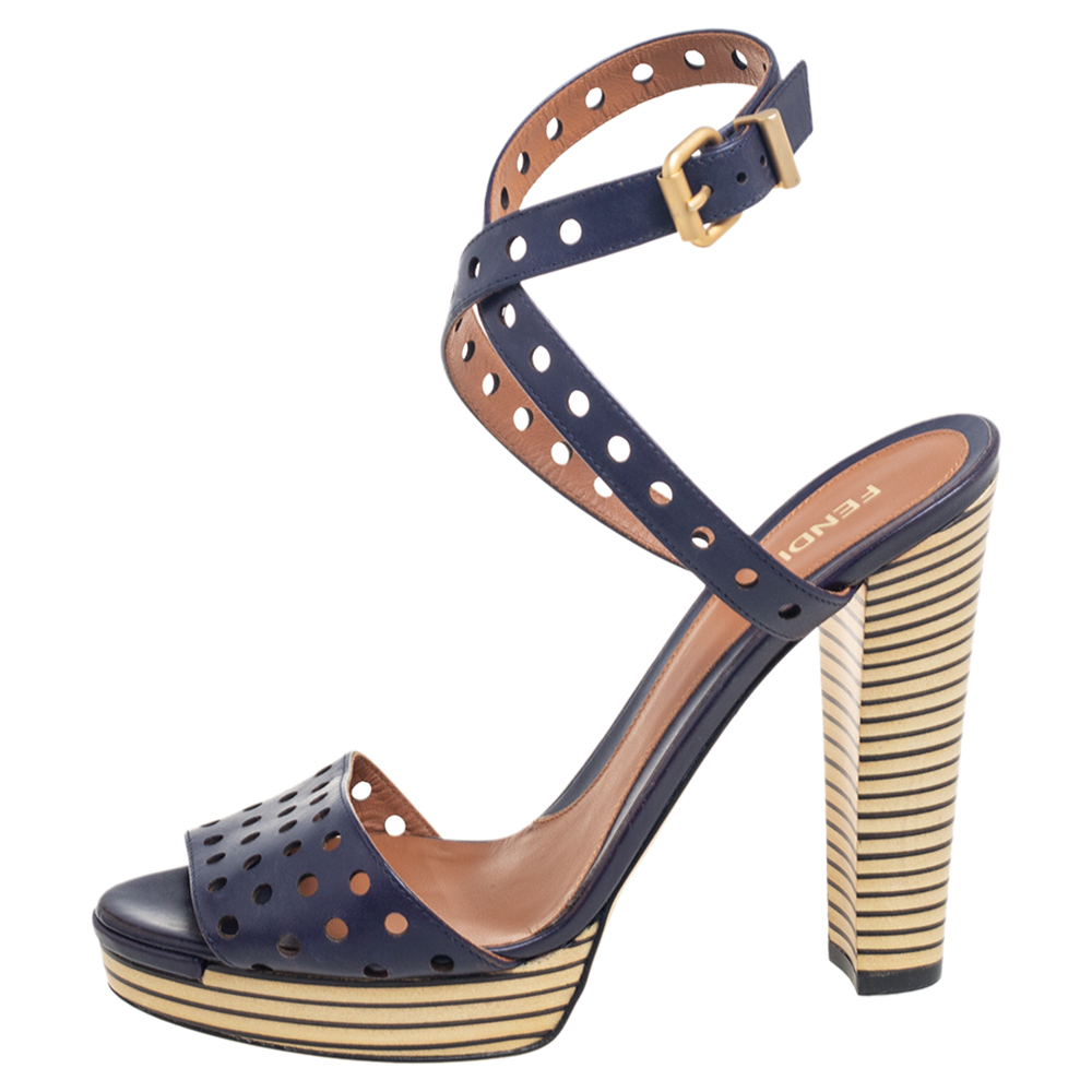 

Fendi Navy Blue Perforated Leather Ankle Strap Platform Sandals Size