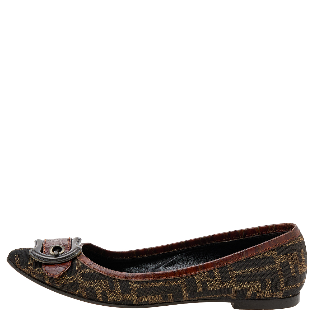 

Fendi Brown Zucca Canvas And Croc Embossed Leather Buckle Detail Ballet Flats Size