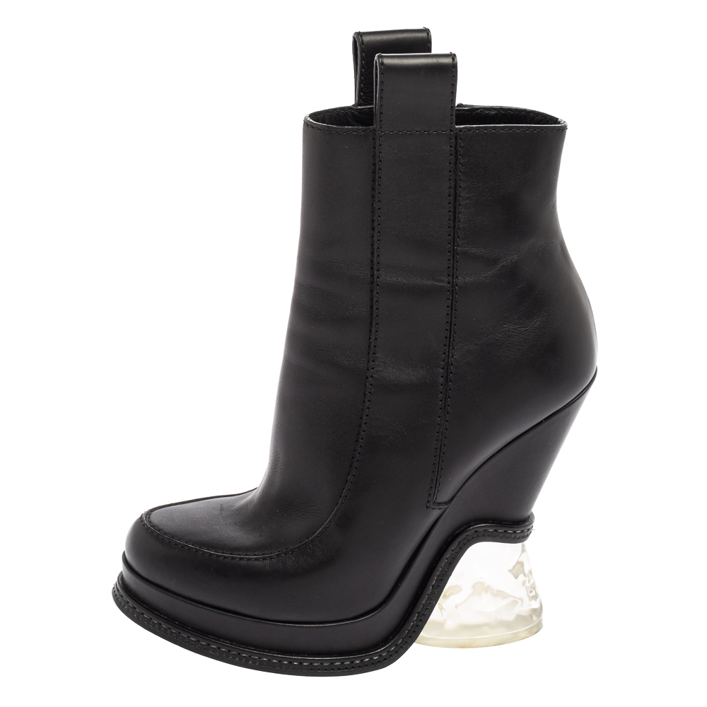 

Fendi Black Leather Ice Heel Wedge Ankle Boots Size
