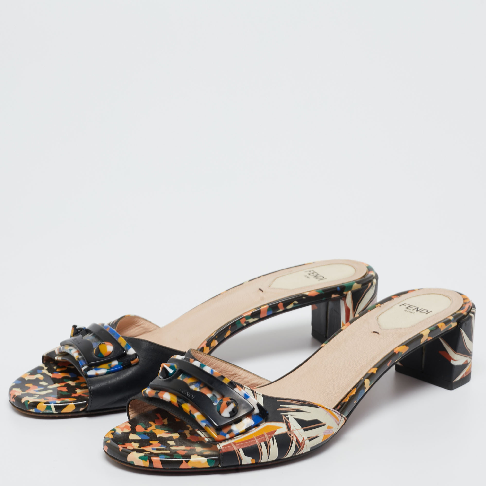 

Fendi Multicolor Leather Embellished Slide Sandals Size
