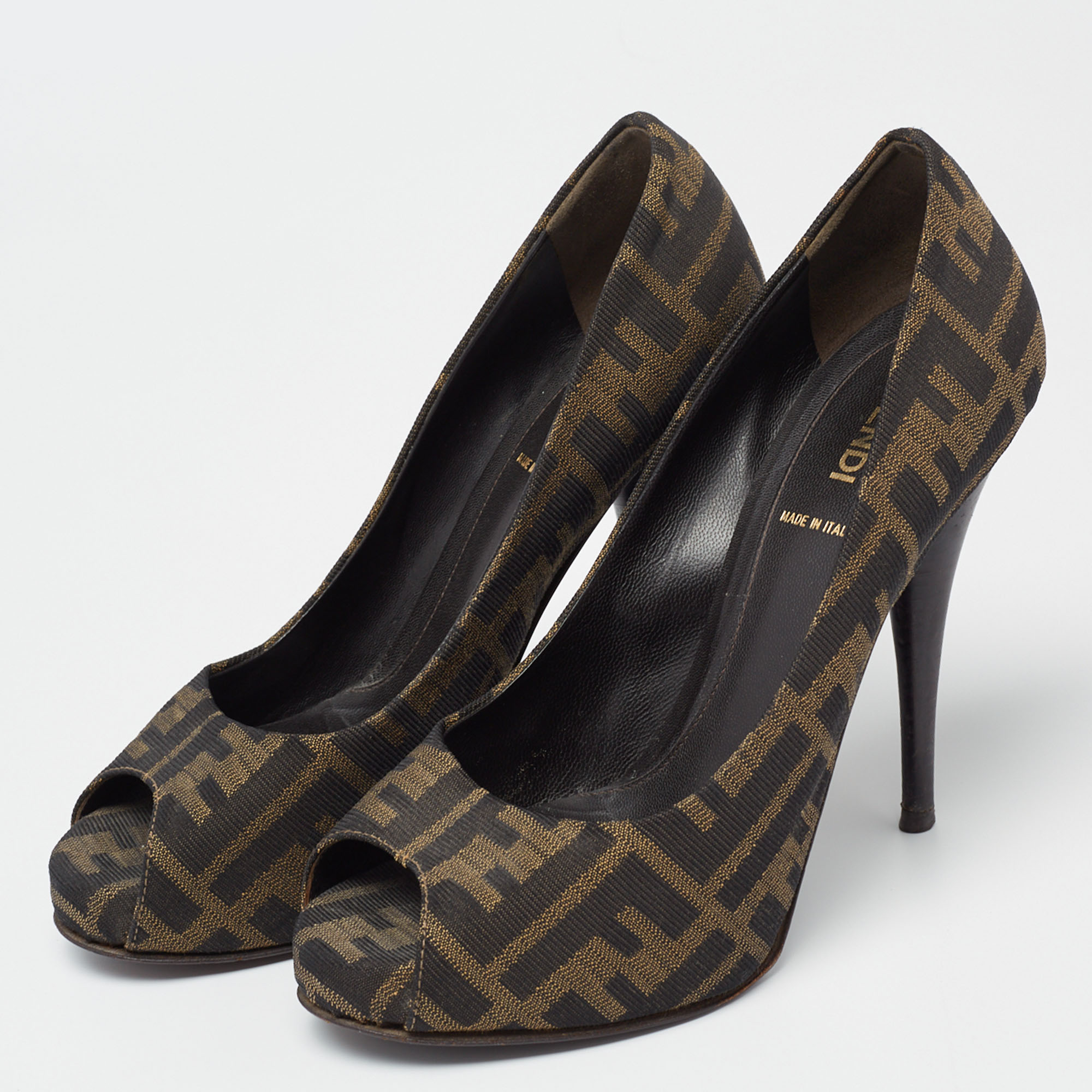 

Fendi Brown Zucca Canvas Peep-Toe Pumps Size
