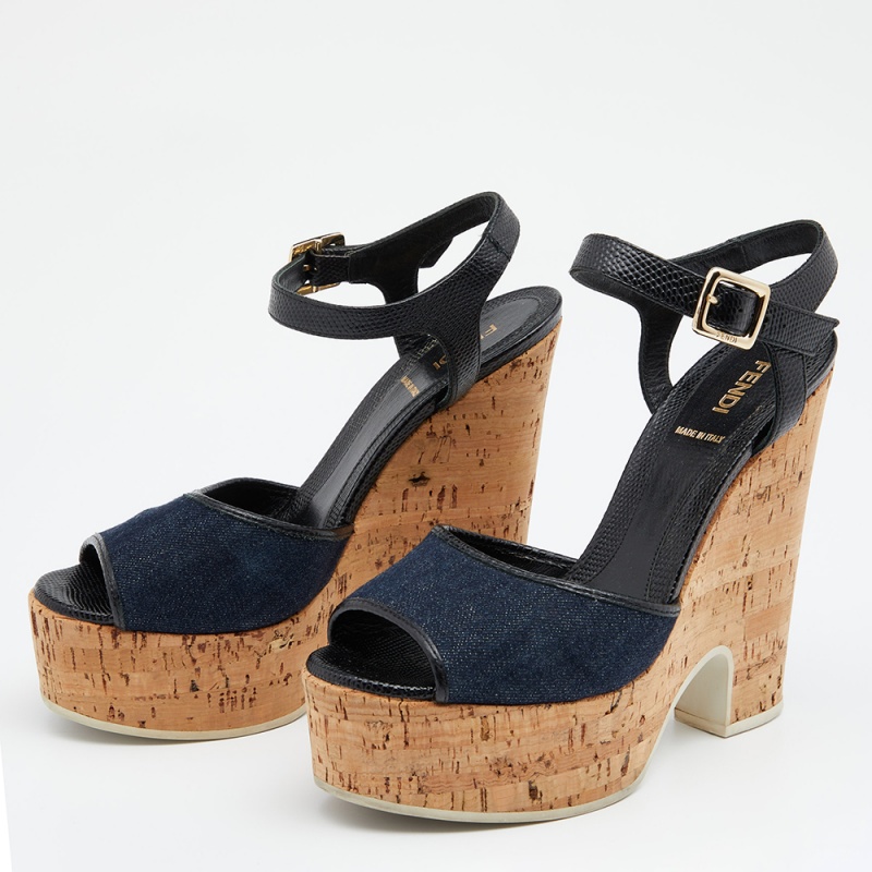 

Fendi Navy Blue/Black Denim And Lizard Embossed Leather Cork Wedge Platform Ankle Strap Sandals Size