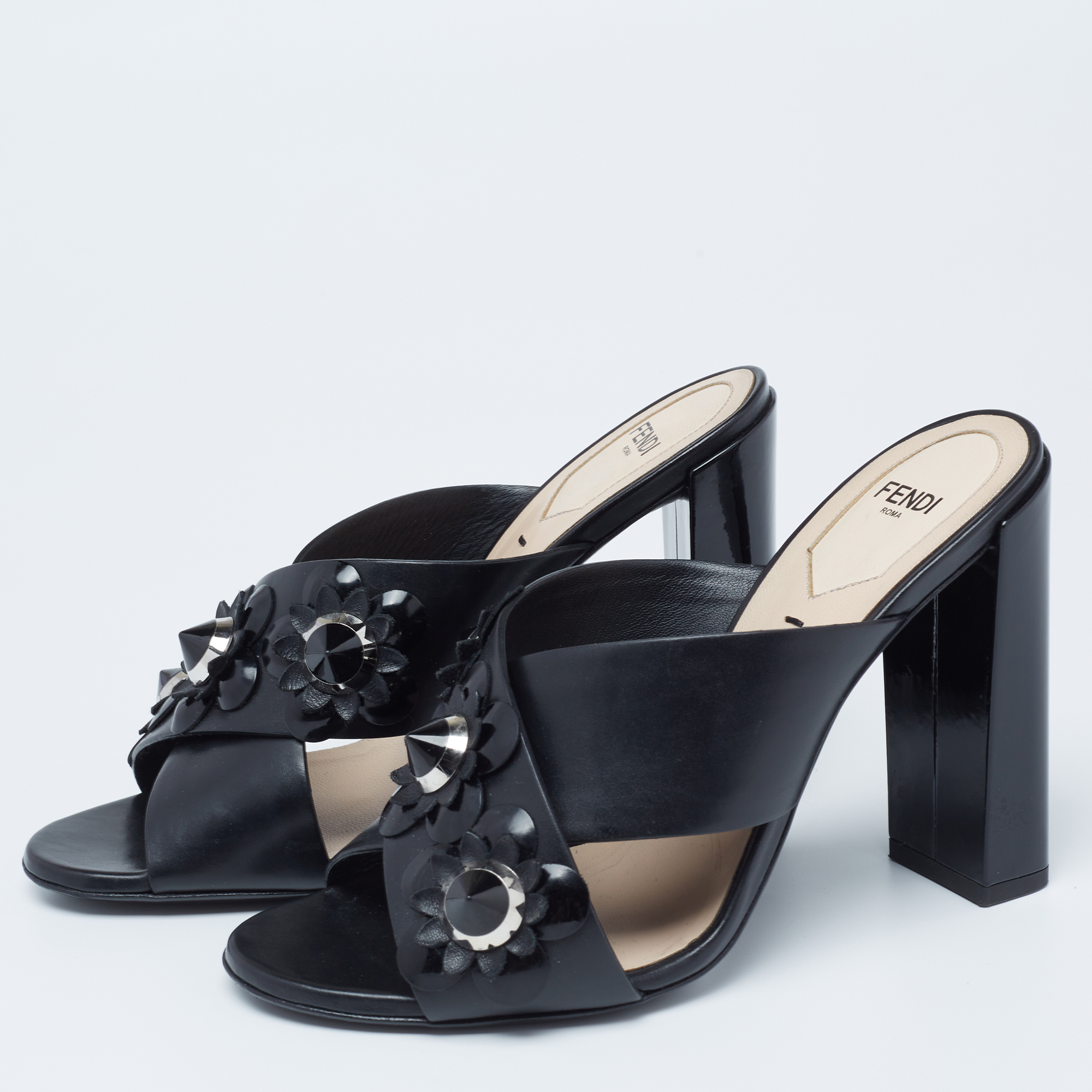 

Fendi Black Leather Flower Mules Size