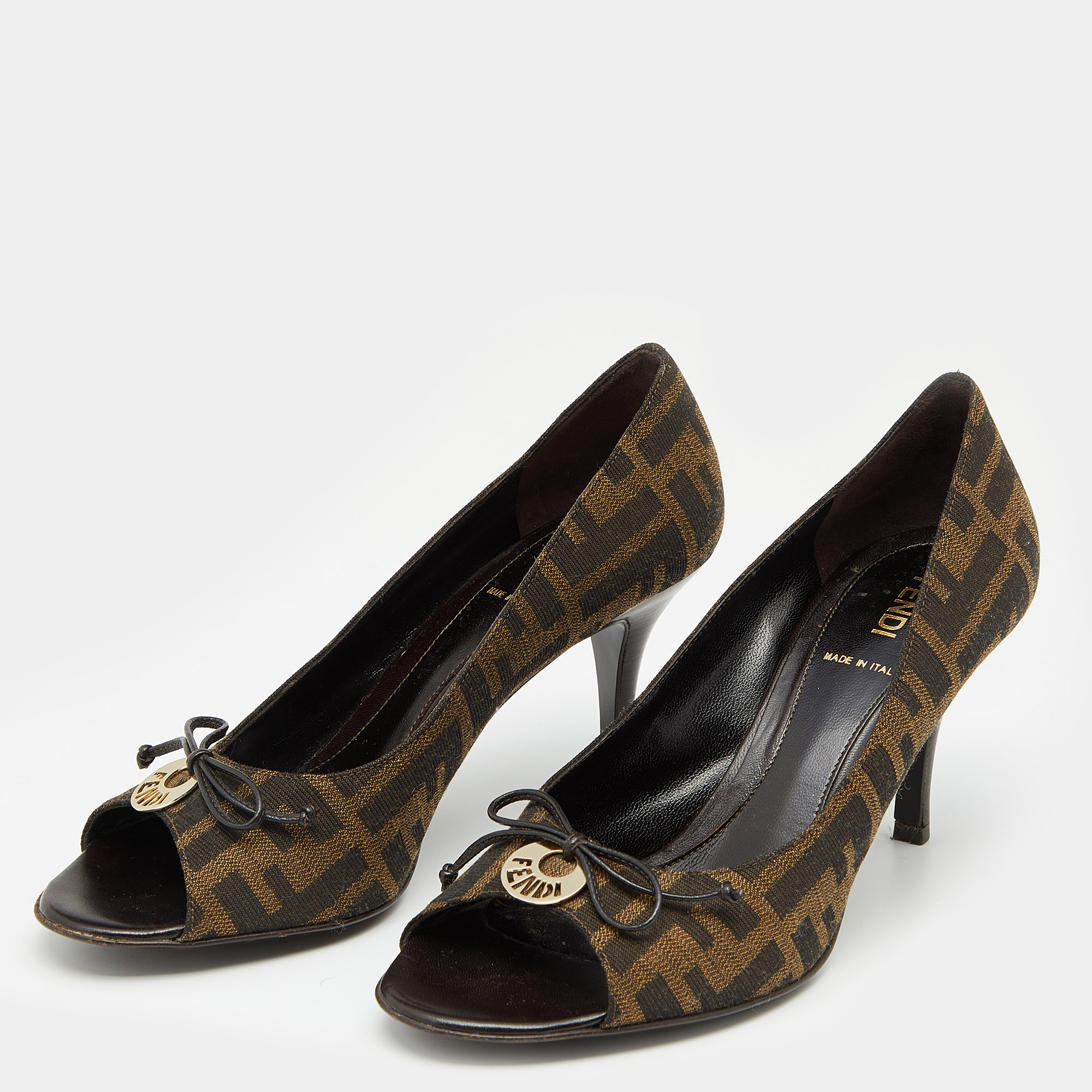 

Fendi Brown Zucca Canvas Bow Peep Toe Pumps Size