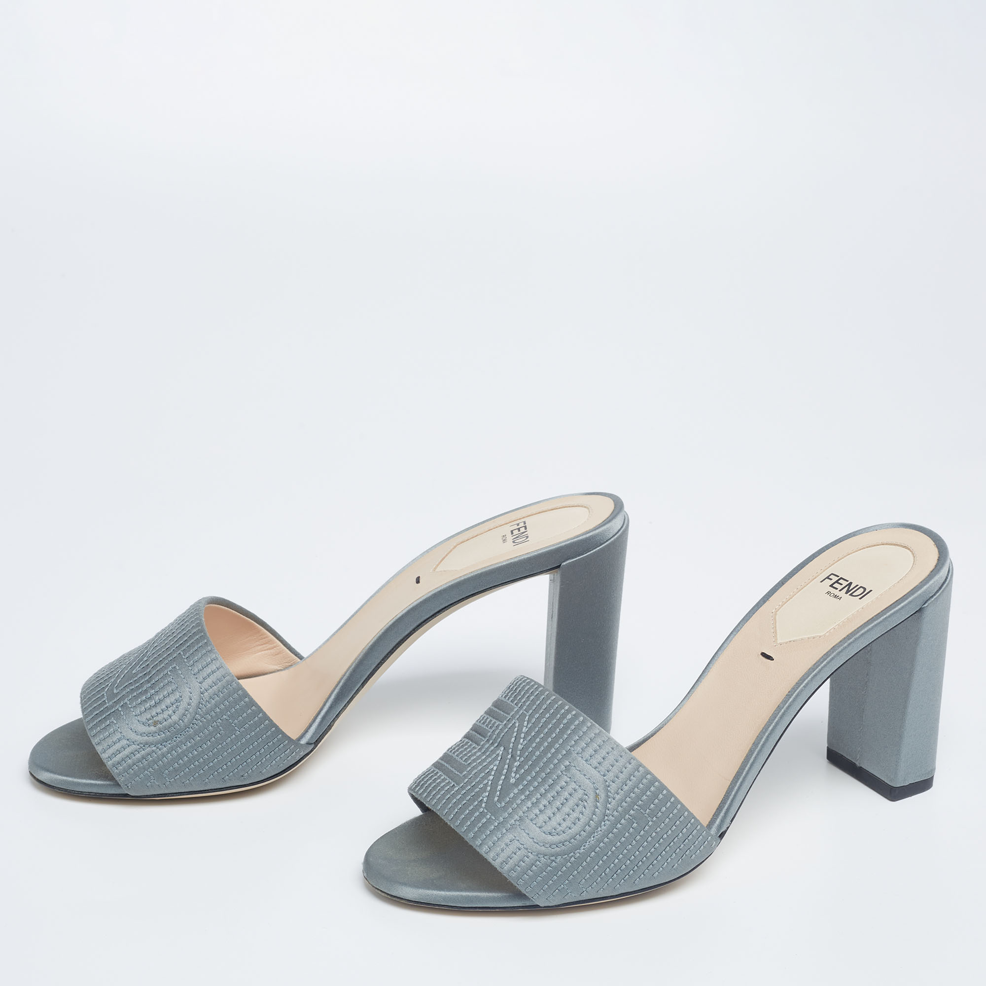 

Fendi Slate Grey Satin Logo Embossed Slide Sandals Size