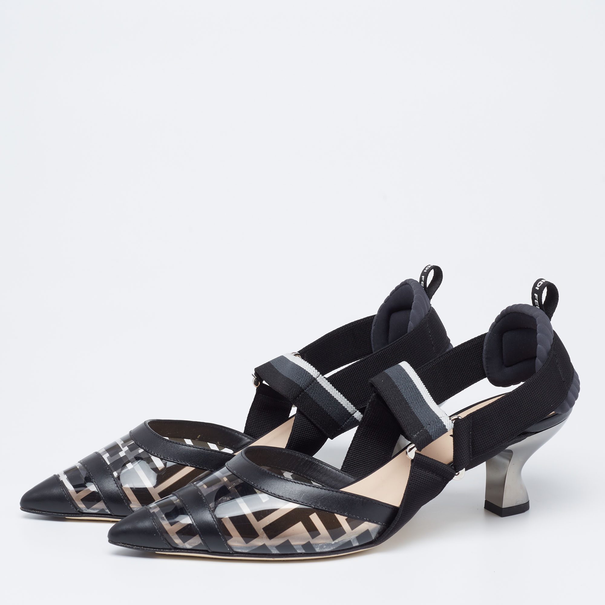 

Fendi Black Leather and Zucca Print PVC Colibri Slingback Pumps Size