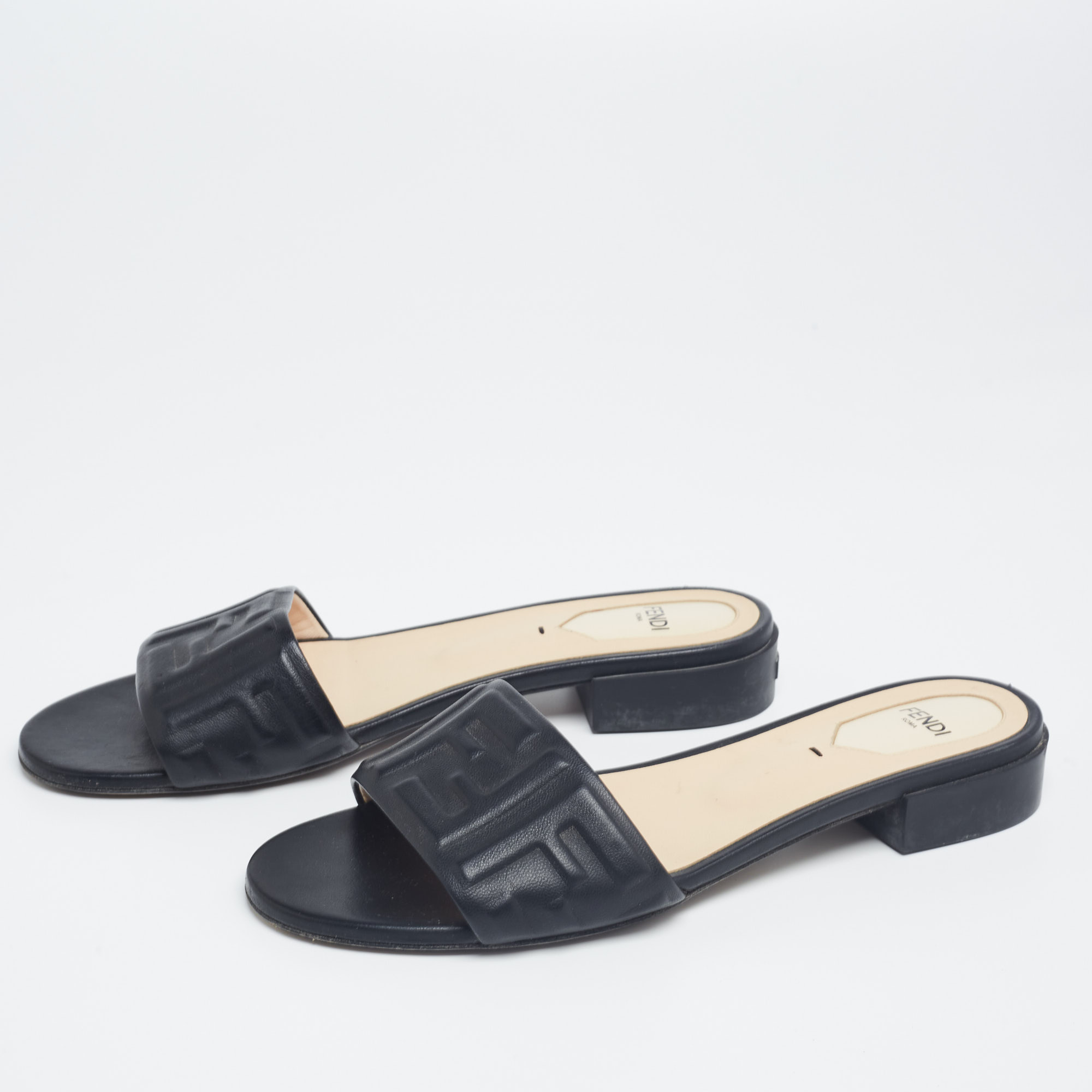 

Fendi Black Leather FF Motif Slip On Sandals Size