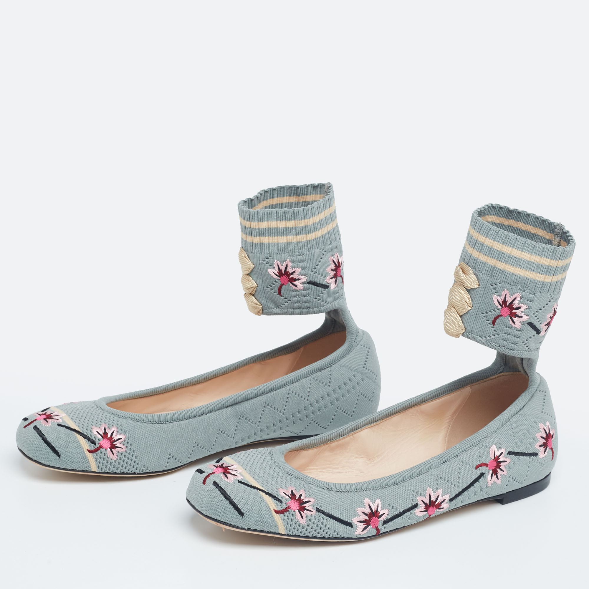 

Fendi Light Teal Embroidered Knit Fabric Rockoko Ankle-Cuff Ballet Flats Size, Green