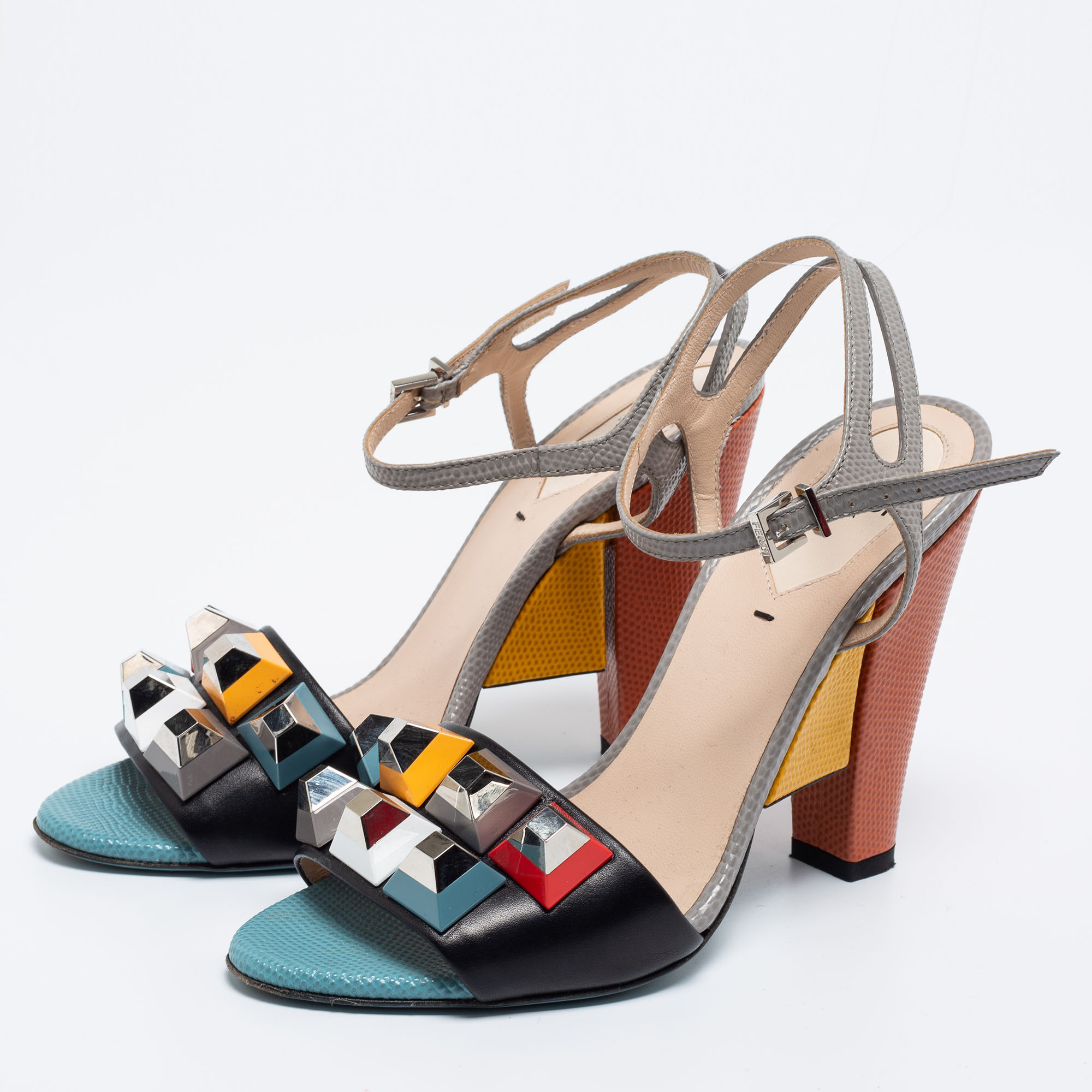 

Fendi Multicolor Leather Fantasia Ankle-Strap Sandals Size