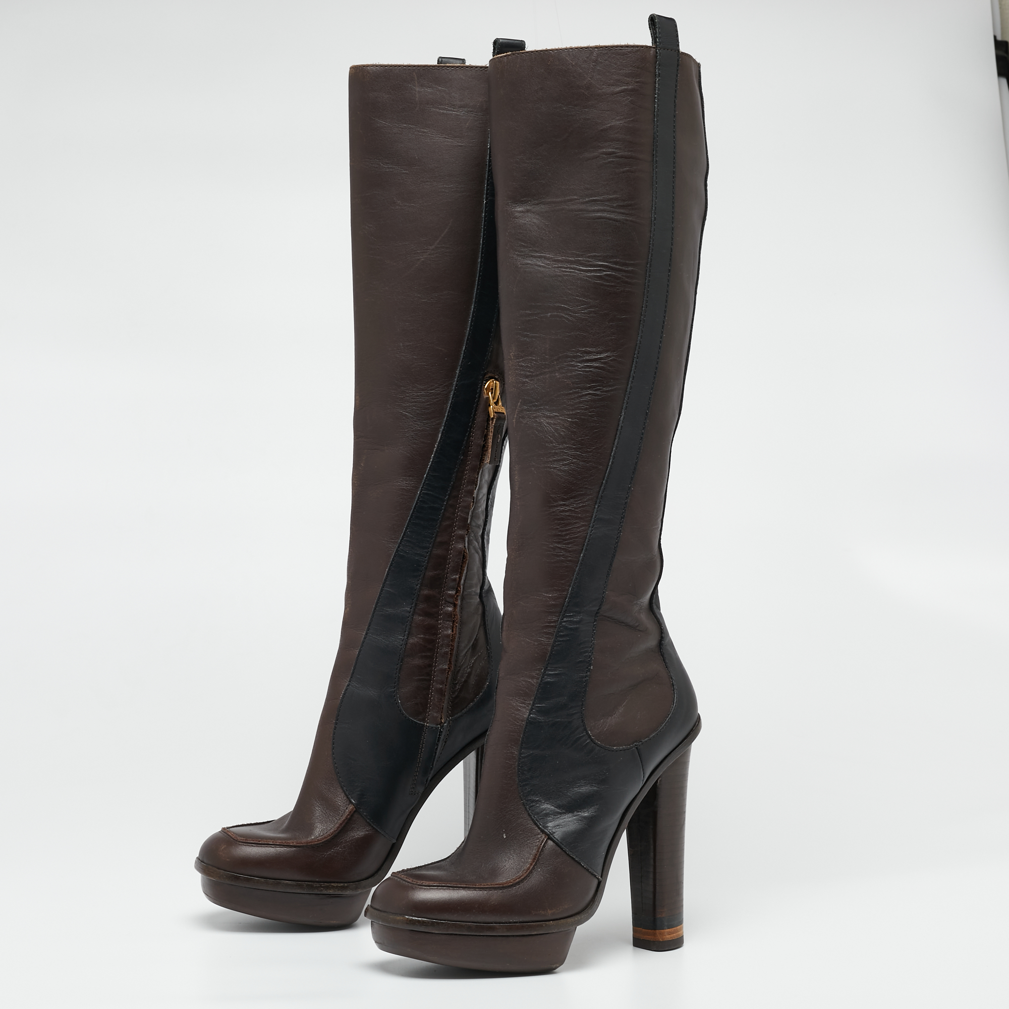 

Fendi Brown/Black Leather Knee Length Boots Size