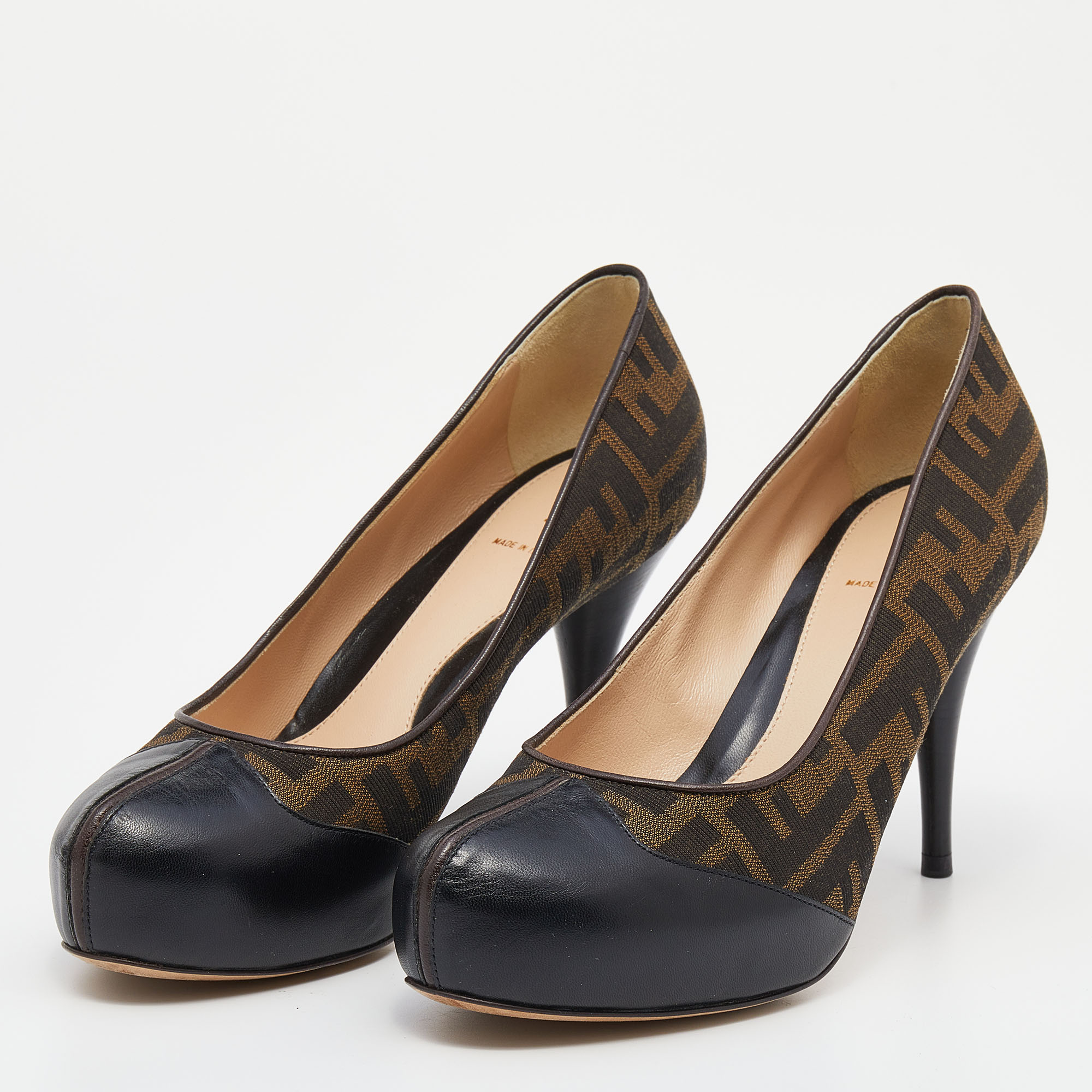 

Fendi Black/Tobacco Zucca Canvas and Leather Platform Pumps Size, Brown