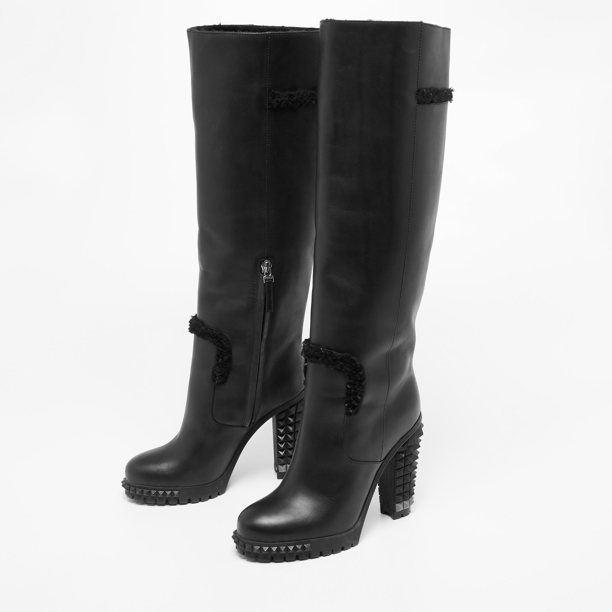 

Fendi Black Leather Studded Knee Boots Size