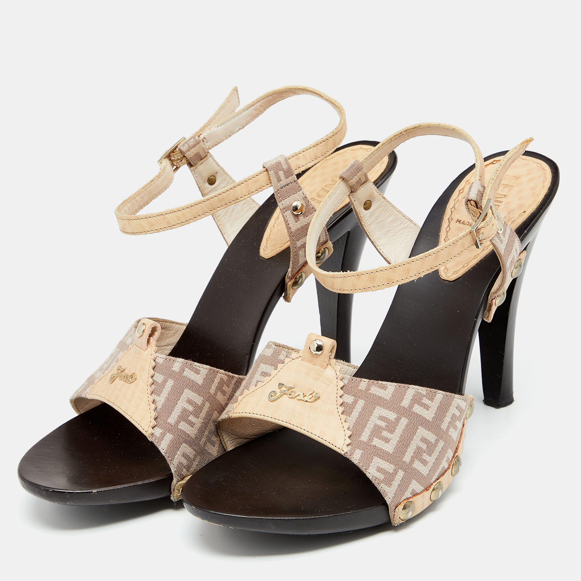 

Fendi Multicolor FF Canvas And Leather Wooden Clogs Ankle Strap Sandals Size