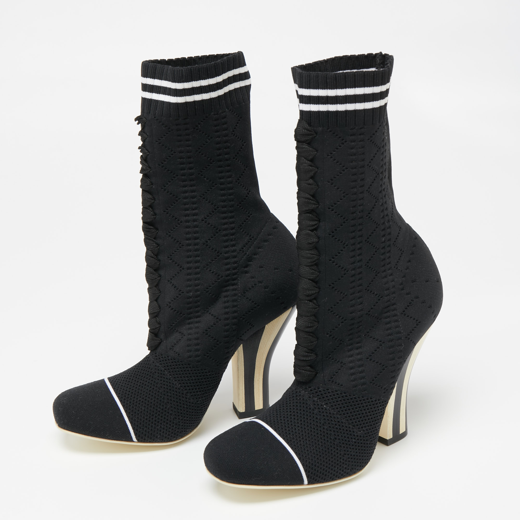 

Fendi Black/White Knit Fabric Rockoko Runway Openwork Ankle Boots Size