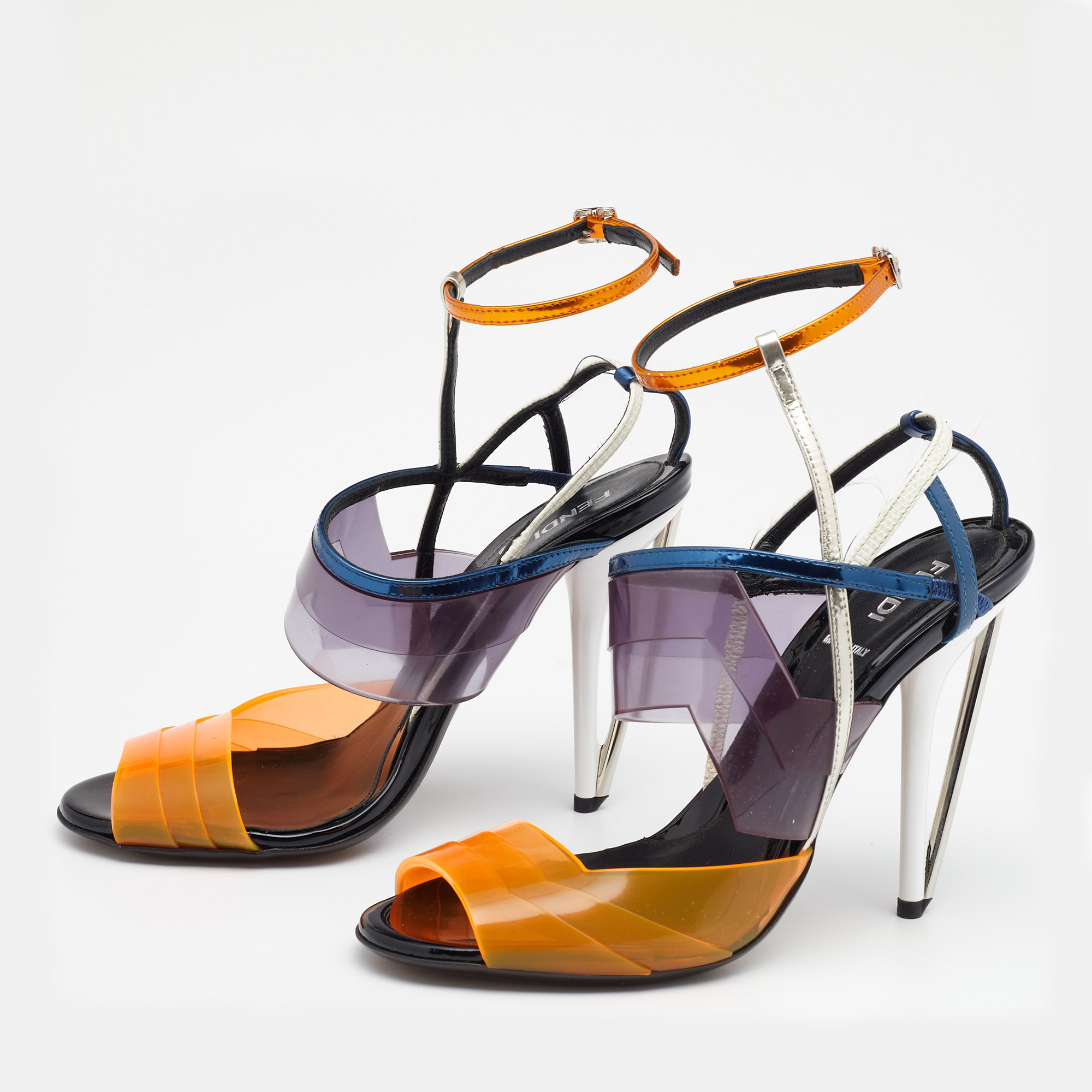 

Fendi Multicolor PVC And Leather Iridia Open Toe Ankle Strap Sandals Size