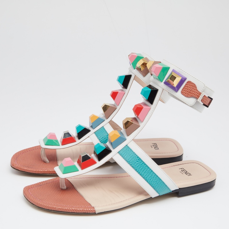 

Fendi Multicolor Leather Studded Ankle Cuff Flat Sandals Size