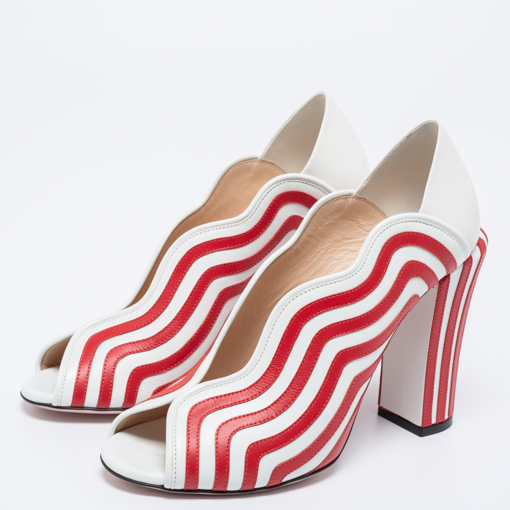 

Fendi White/Red Striped Leather Peep-Toe Pumps Size