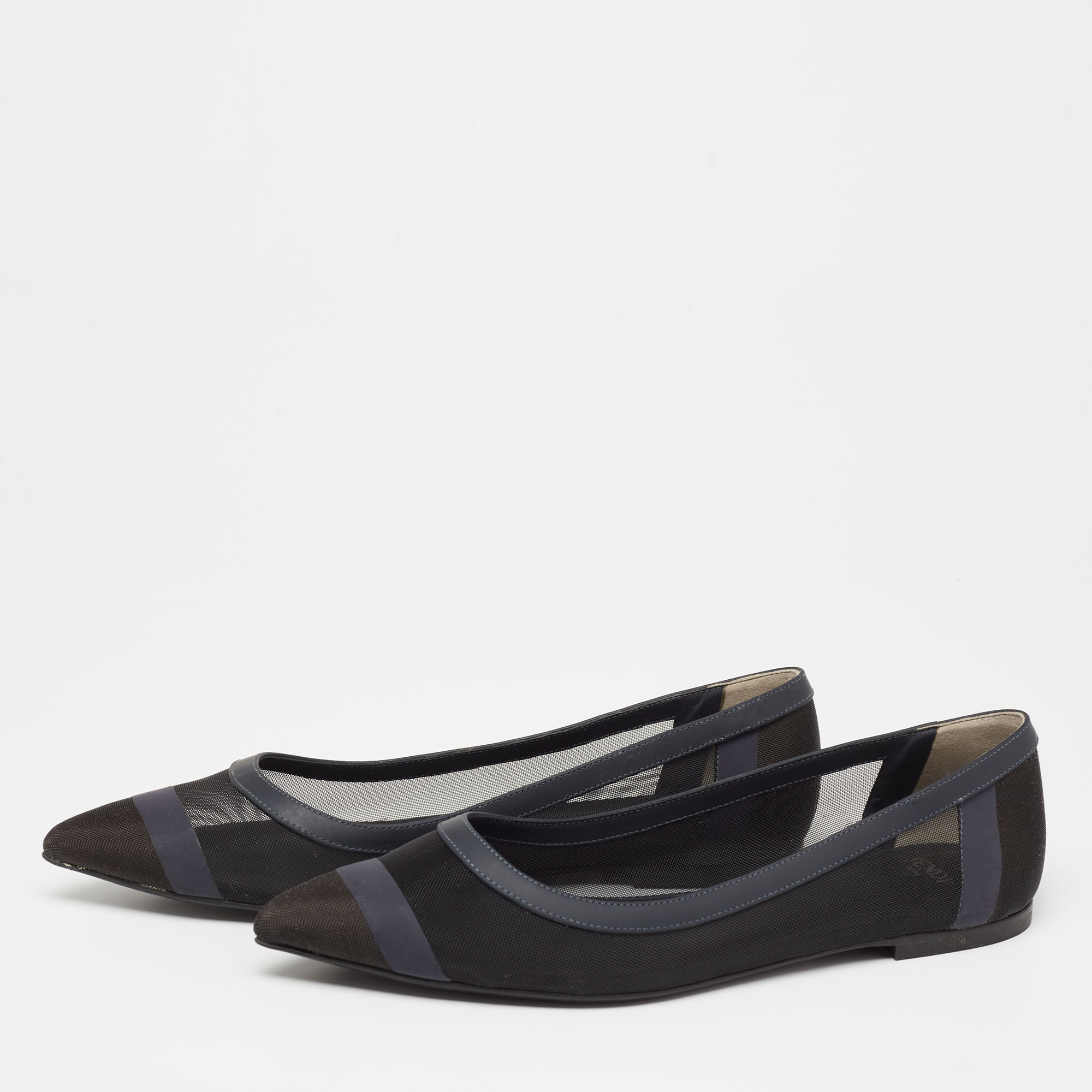 

Fendi Navy Blue/Black Mesh And Leather Colibri Ballet Flats Size