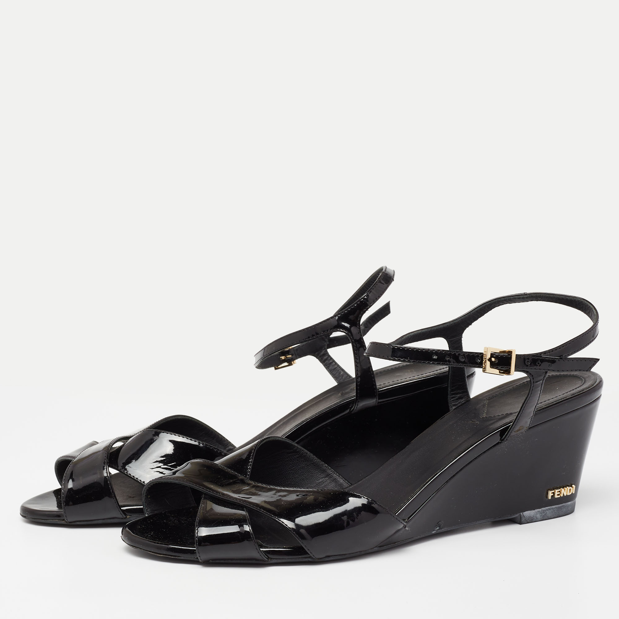 

Fendi Black Patent Leather Wedge Ankle Strap Sandals Size