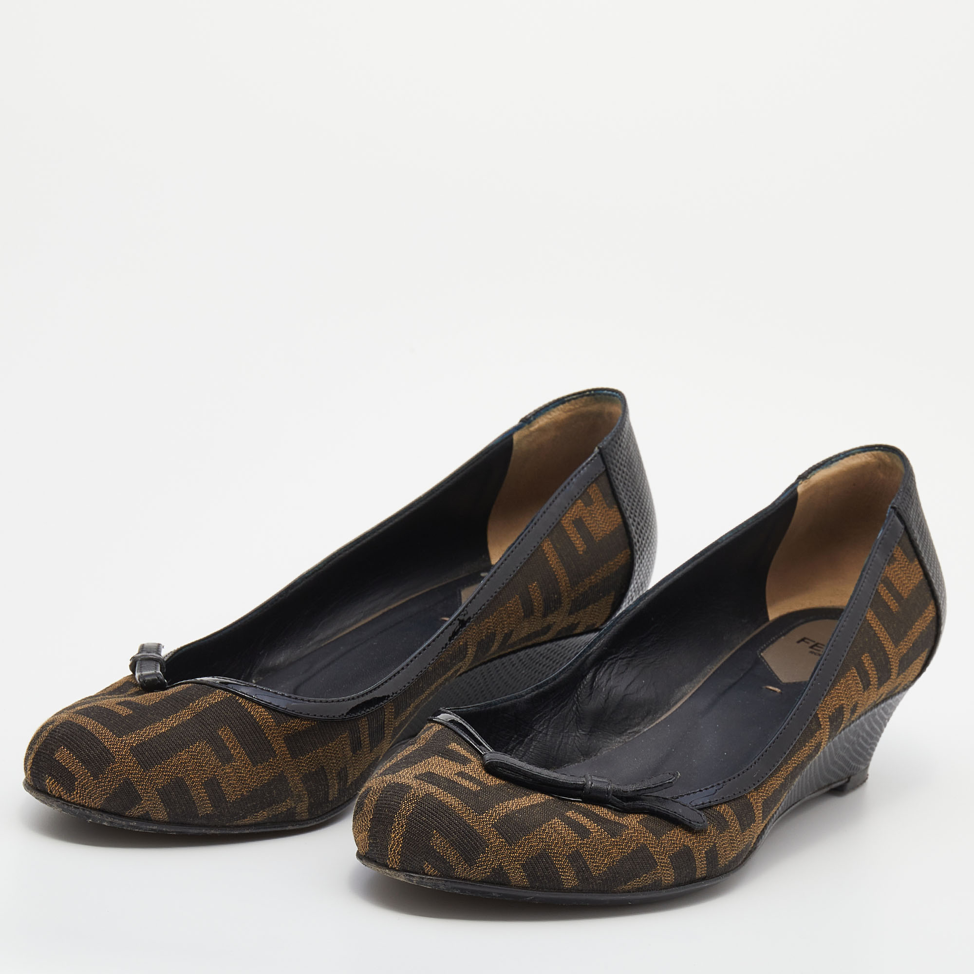 

Fendi Brown/Black Zucca Canvas And Leather Wedge Pumps Size