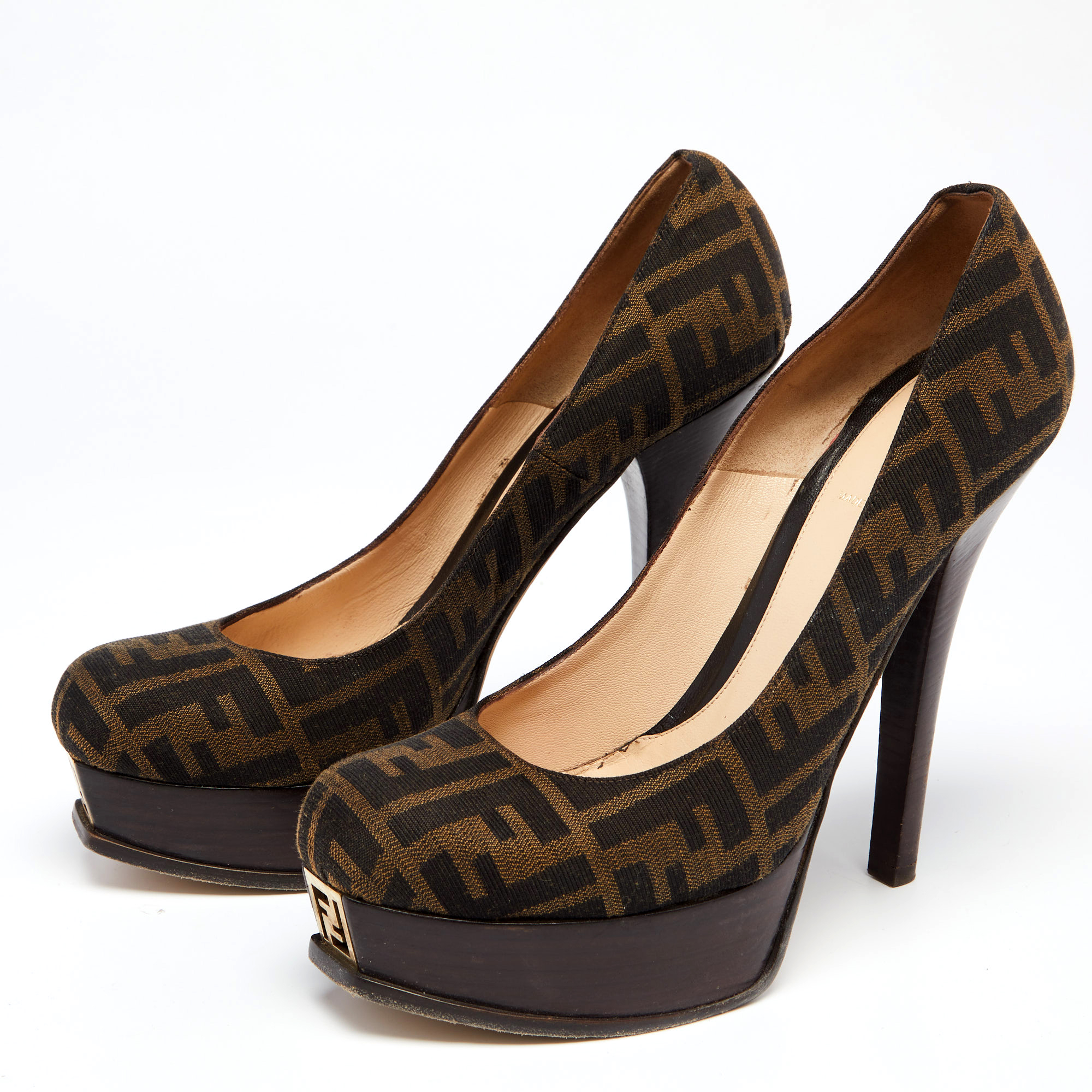 

Fendi Brown Tobacco Zucca Canvas Fendista Platform Pumps Size