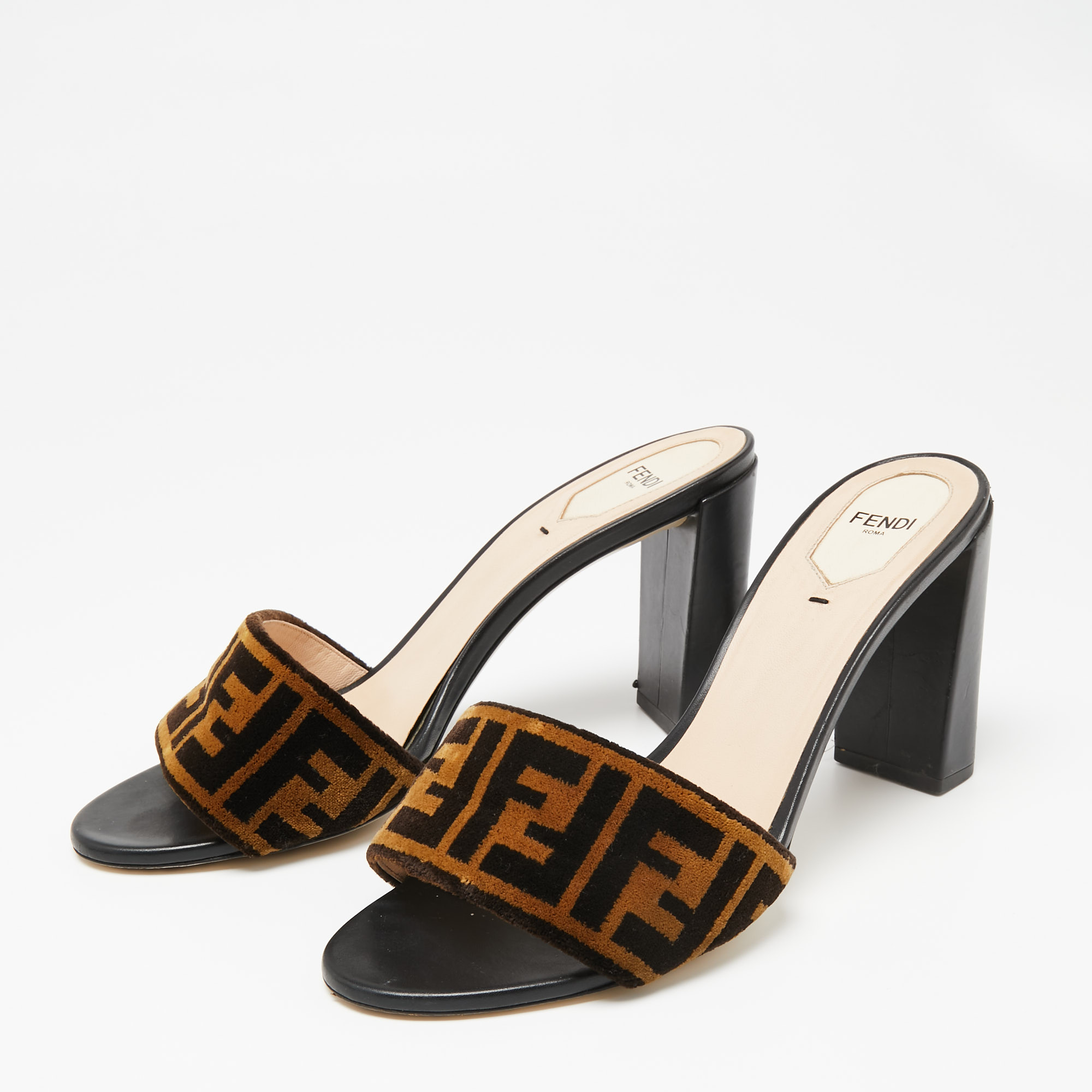 

Fendi Brown/Black Zucca Velvet Slide Sandals Size