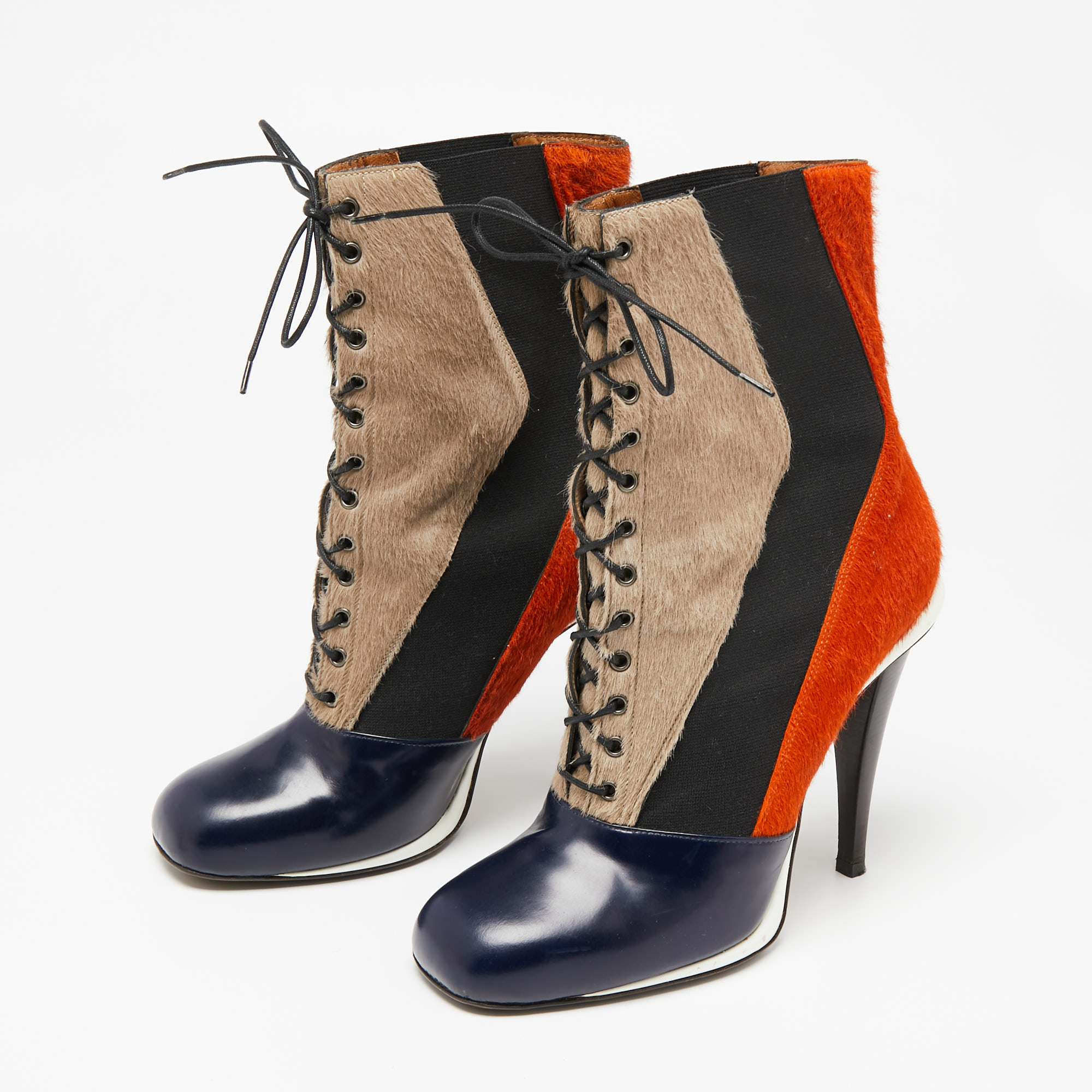 

Fendi Multicolor Calf Hair And Leather Lace Up Ankle Boots Size