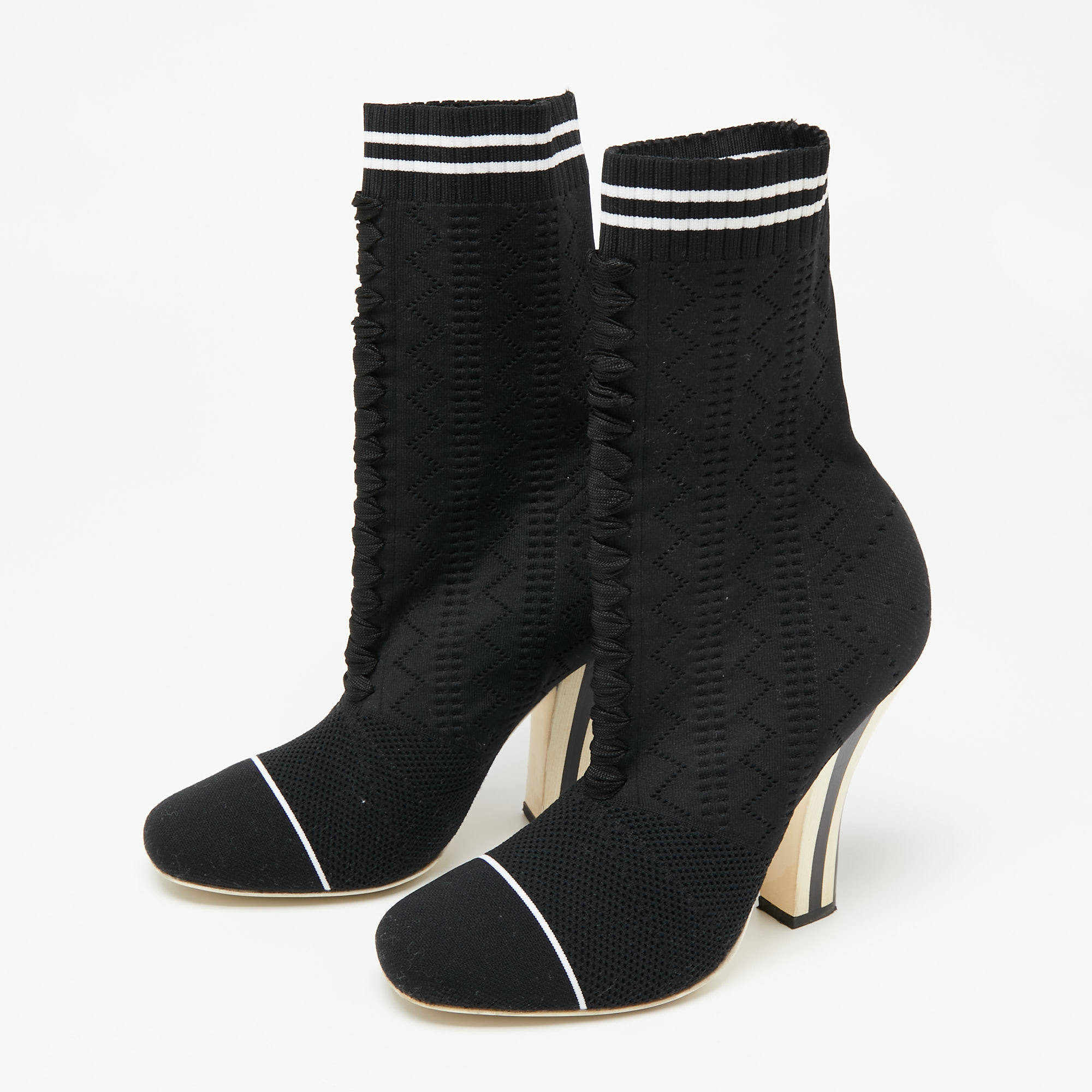 

Fendi Black Knit Fabric Rockoko Runway Openwork Ankle Boots Size