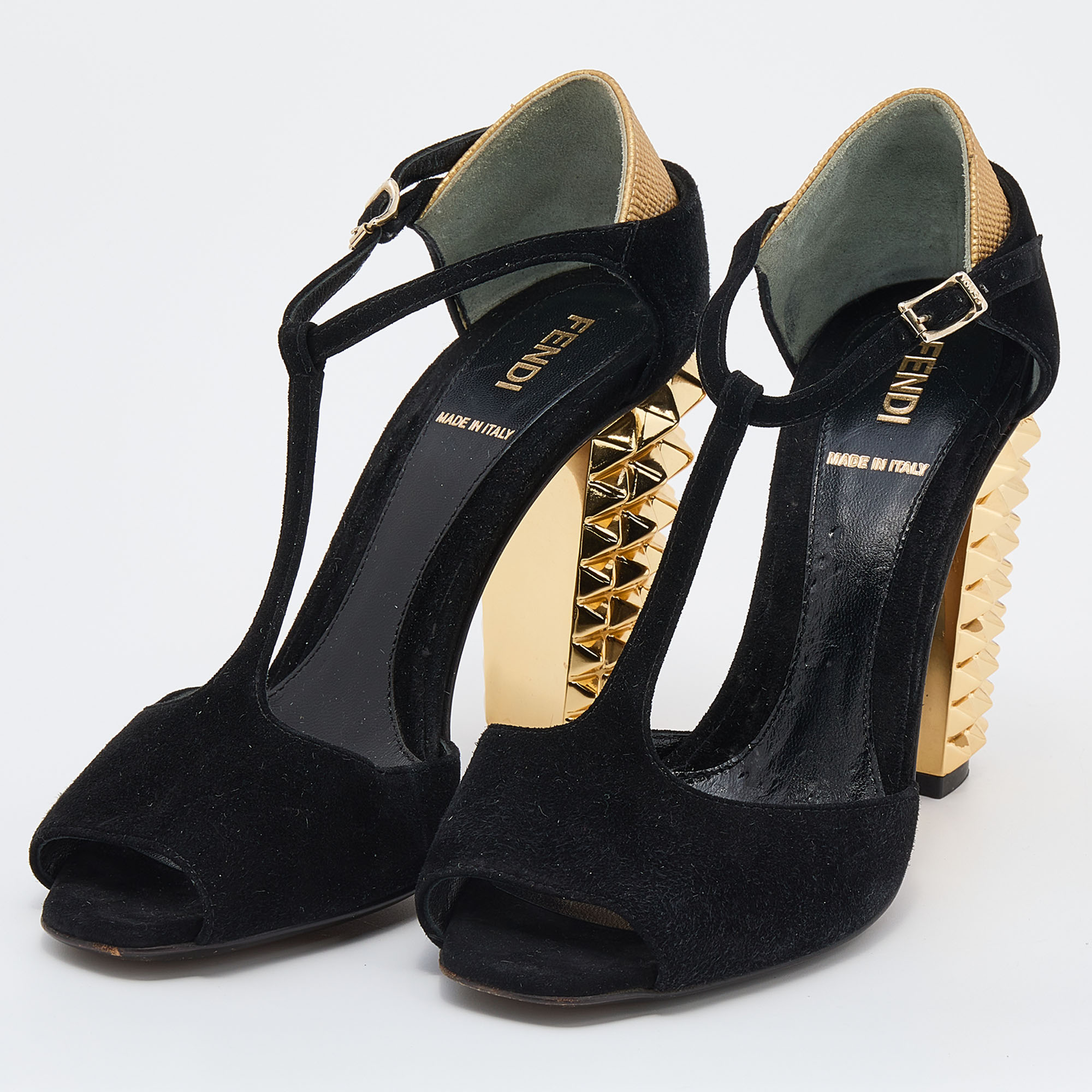 

Fendi Black/Gold Suede And Embossed Leather Studded Block Heel T-Strap Sandals Size