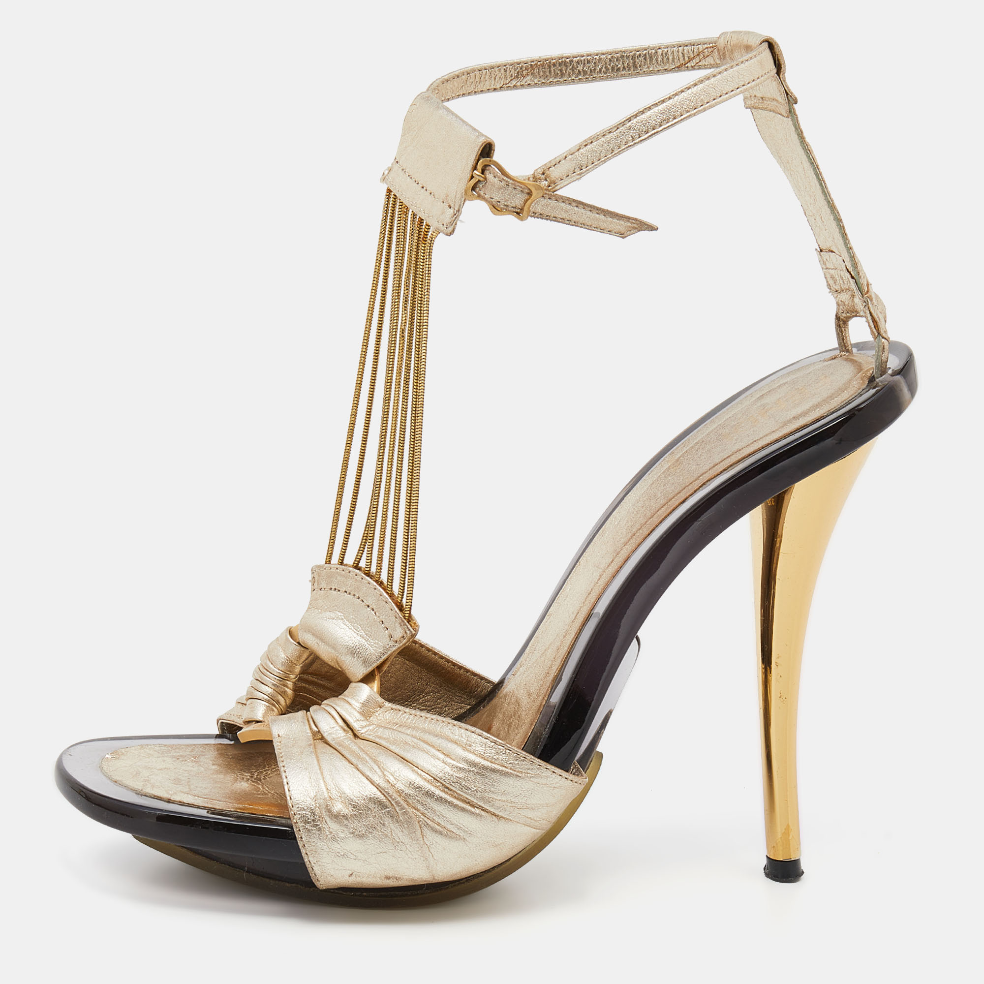 Pre-owned Fendi Metallic Gold Leather Ankle Strap Sandals Size 37.5